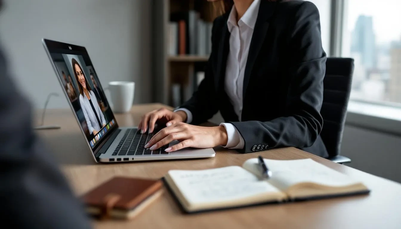 A professional is attending a virtual conference on their laptop, with a notebook nearby for taking notes. This scene highlights the importance of continuous learning and developing both technical and soft skills relevant to today's skills based hiring practices.